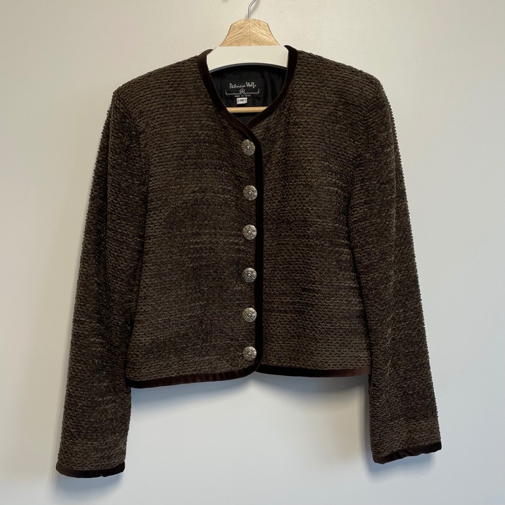 Patricia Wolf Brown Chenille Velvet Trim Blazer Jacket Silver Button‎ USA M